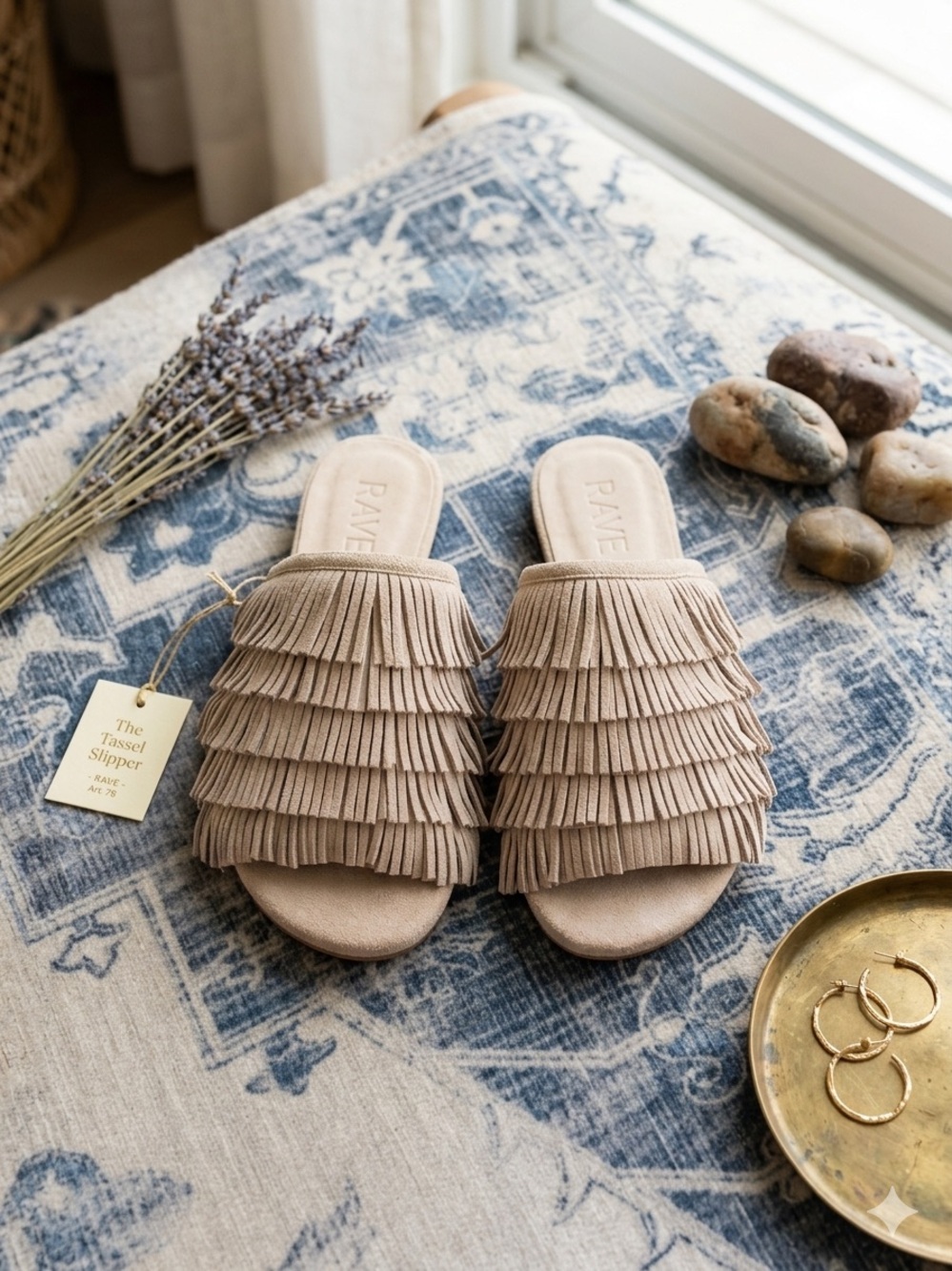 0345 - RAYE Taupe Layered Fringe Slide Mules